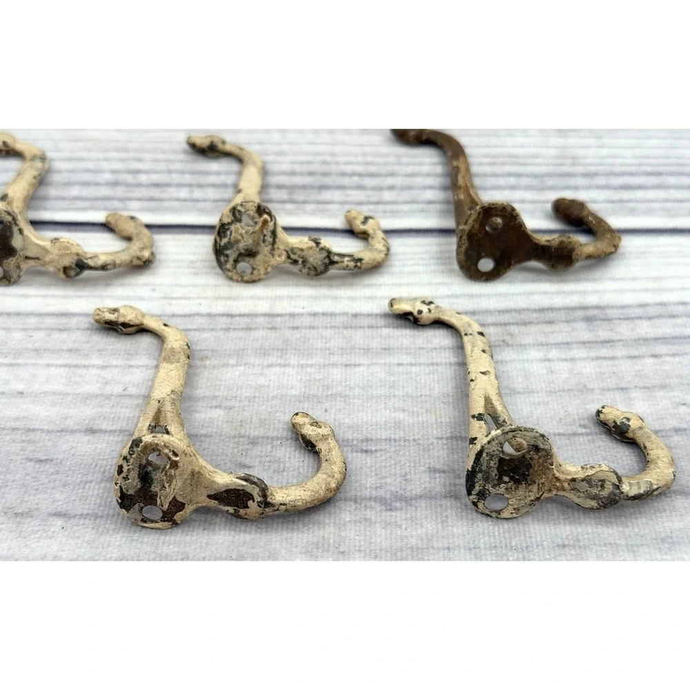 LOT OF 5 ANTIQUE SALVAGED CAST IRON DOUBLE COAT / HAT HOOKS